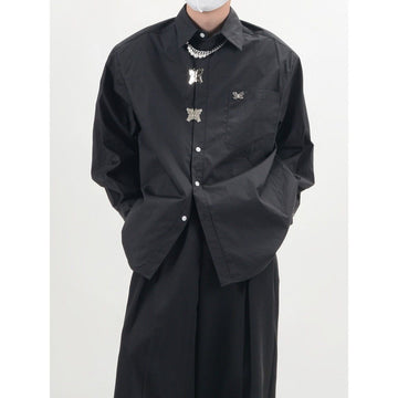 Design Sense Long Sleeve Lapel Shirt for Men New Metal Butterfly Lock Loose Casual Shirt Korean Fashion Blouses